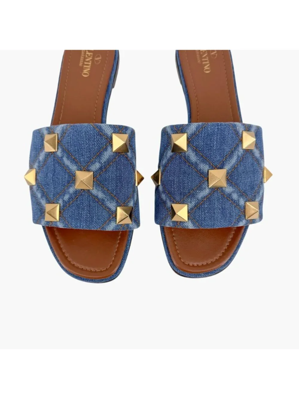 Valentino Roman Stud Denim Quilted Slide Sandals Size 41 US 11 Women’s Blue Flat